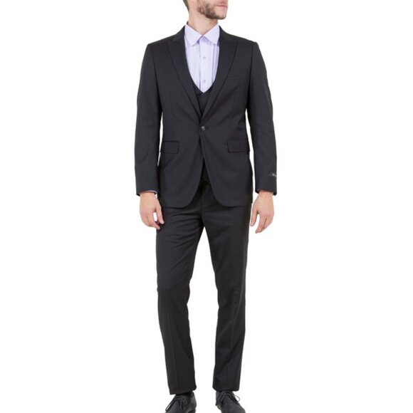 Black Peak Lapel Double Breasted Vest Skinny Fit Men's Suit